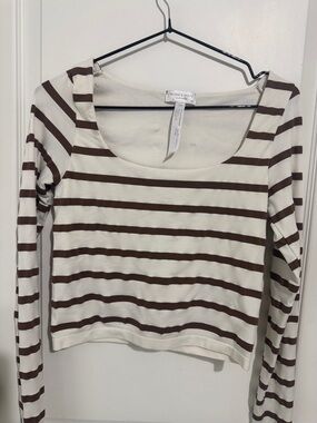 Altar'd State Brown & Cream Striped Scoop Neck Long Sleeve Top